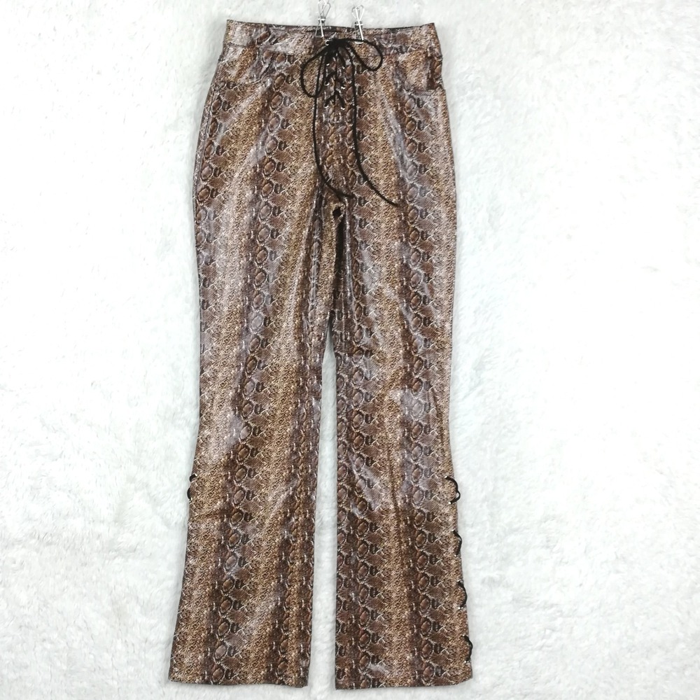 Fashion Nova Womens Klarina Faux Leather Straight Leg Brown Snake‎ Print S New